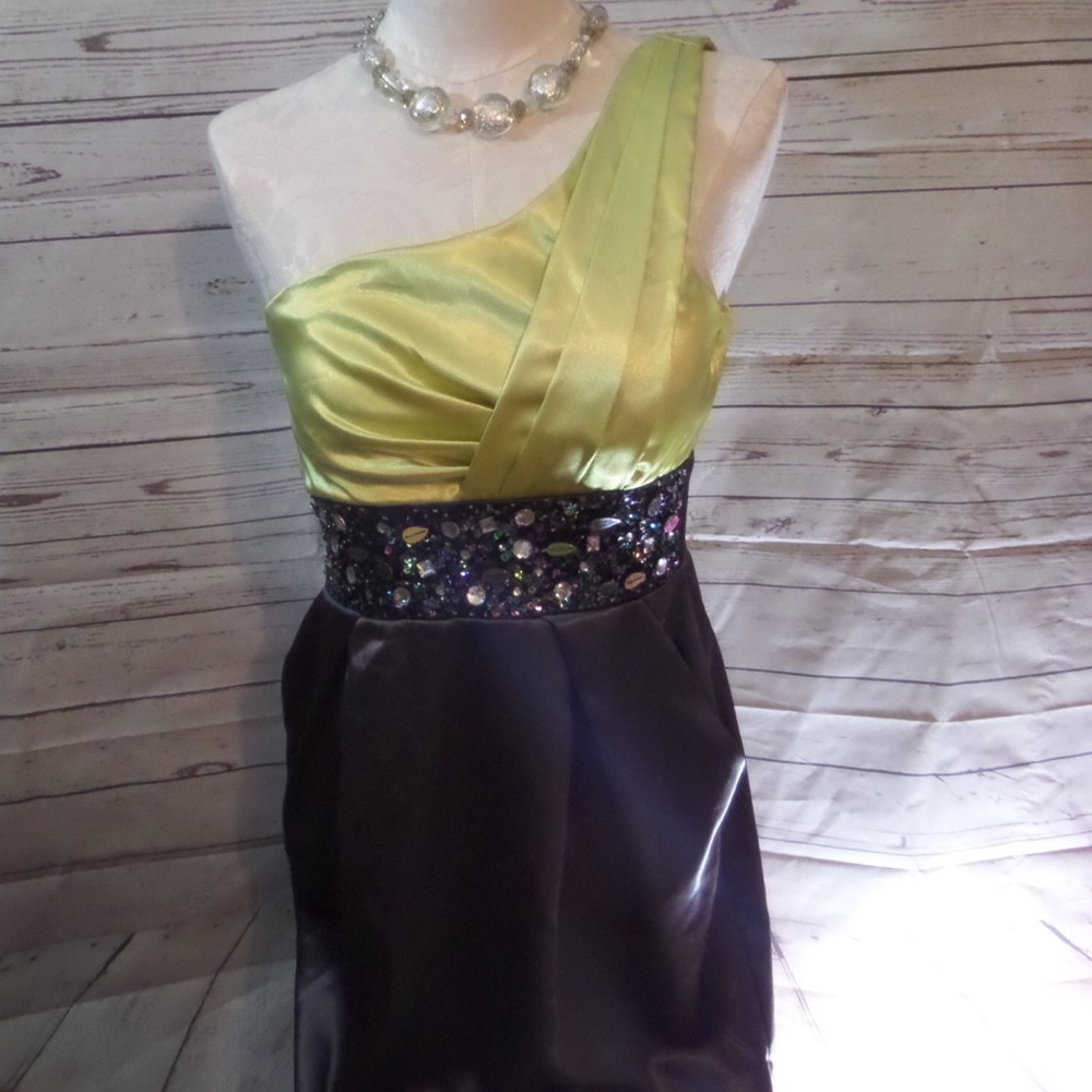 Teeze Me One Shoulder Cocktail Dress Lime Green & Gray Size 13